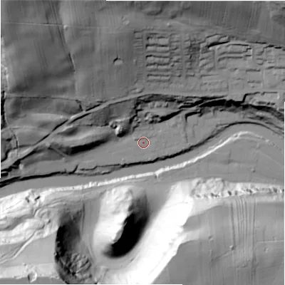 Shaded relief map of the ground around DL104TW, computed from Environment Agency LiDAR. The ground here sits at about 107 m above sea level and falls 92 m across the surrounding 800 m. Surface water reaching this point runs off ground lying to the north-west, 72.8 m higher.