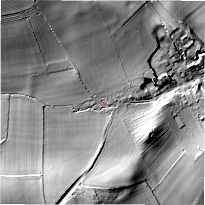 Shaded relief map of the ground around DL105DP, computed from Environment Agency LiDAR. The ground here sits at about 109 m above sea level and falls 54 m across the surrounding 800 m. Surface water reaching this point runs off ground lying to the south-west, 31.9 m higher.