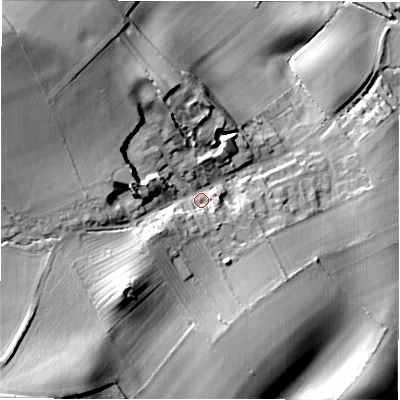 Shaded relief map of the ground around DL105DS, computed from Environment Agency LiDAR. The ground here sits at about 101 m above sea level and falls 45 m across the surrounding 800 m. Surface water reaching this point runs off ground lying to the north-west, 26.8 m higher.