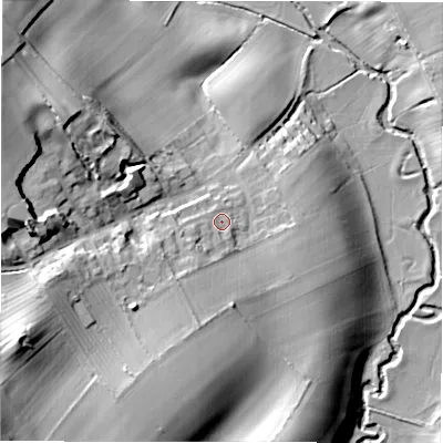 Shaded relief map of the ground around DL105DY, computed from Environment Agency LiDAR. The ground here sits at about 96 m above sea level and falls 37 m across the surrounding 800 m. Surface water reaching this point runs off ground lying to the south-west, 6.1 m higher.