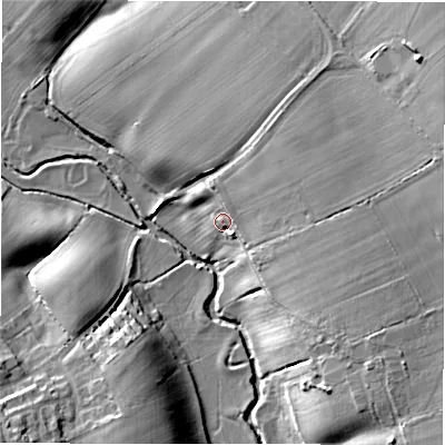Shaded relief map of the ground around DL105EB, computed from Environment Agency LiDAR. The ground here sits at about 91 m above sea level and falls 23 m across the surrounding 800 m. Surface water reaching this point runs off ground lying to the east-north-east, 11.7 m higher.