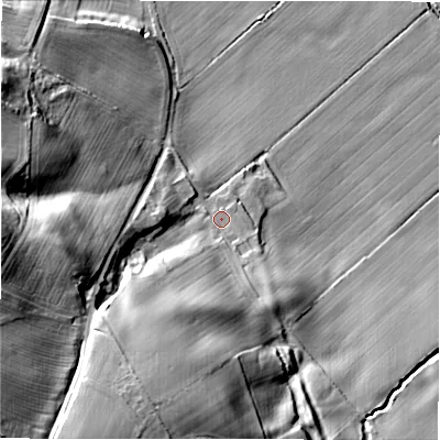 Shaded relief map of the ground around DL105GZ, computed from Environment Agency LiDAR. The ground here sits at about 95 m above sea level and falls 36 m across the surrounding 800 m. Surface water reaching this point runs off ground lying to the south-south-west, 21.5 m higher.