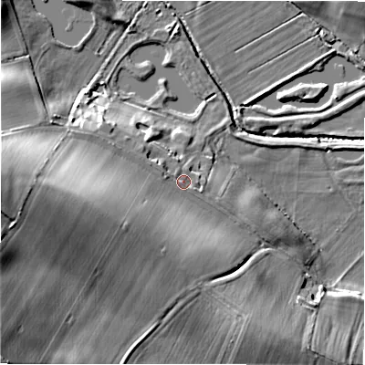 Shaded relief map of the ground around DL105JD, computed from Environment Agency LiDAR. The ground here sits at about 98 m above sea level and falls 29 m across the surrounding 800 m. Surface water reaching this point runs off ground lying to the west-south-west, 17.6 m higher.