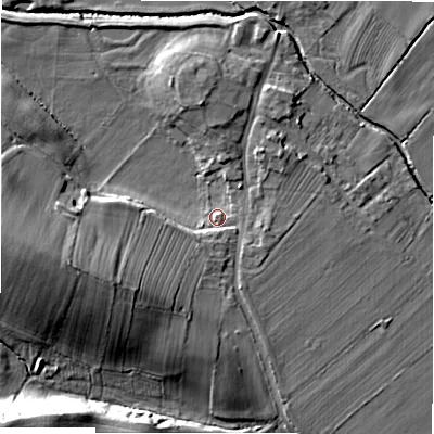 Shaded relief map of the ground around DL105JE, computed from Environment Agency LiDAR. The ground here sits at about 92 m above sea level and falls 26 m across the surrounding 800 m. Surface water reaching this point runs off ground lying to the west-south-west, 18.9 m higher.