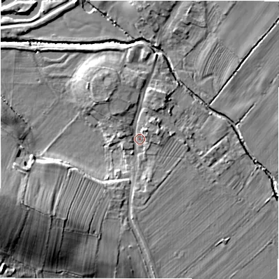 Shaded relief map of the ground around DL105JF, computed from Environment Agency LiDAR. The ground here sits at about 93 m above sea level and falls 23 m across the surrounding 800 m. Surface water reaching this point runs off ground lying to the north-west, 3.6 m higher.