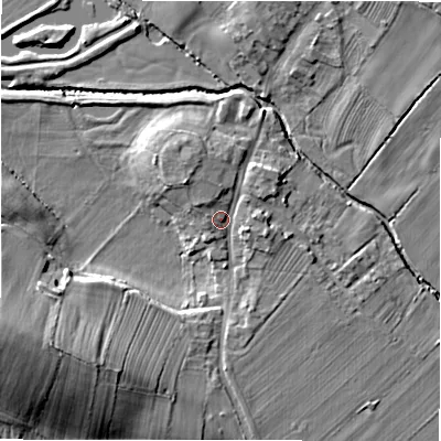 Shaded relief map of the ground around DL105JG, computed from Environment Agency LiDAR. The ground here sits at about 94 m above sea level and falls 23 m across the surrounding 800 m. Surface water reaching this point runs off ground lying to the north-west, 3.2 m higher.