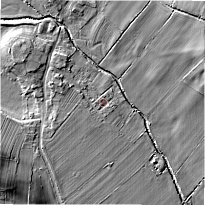Shaded relief map of the ground around DL105JH, computed from Environment Agency LiDAR. The ground here sits at about 92 m above sea level and falls 16 m across the surrounding 800 m. Surface water reaching this point runs off ground lying to the west-north-west, 3.4 m higher.