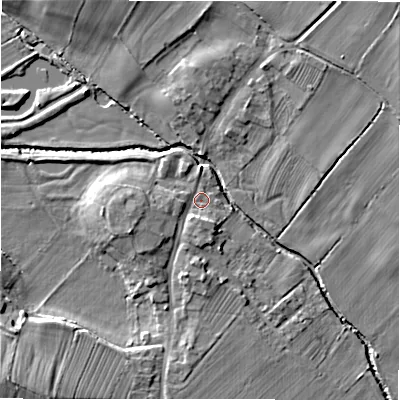 Shaded relief map of the ground around DL105JL, computed from Environment Agency LiDAR. The ground here sits at about 92 m above sea level and falls 22 m across the surrounding 800 m. Surface water reaching this point runs off ground lying to the west, 4.1 m higher.