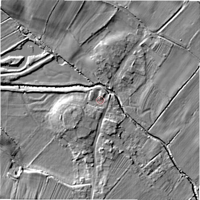 Shaded relief map of the ground around DL105JN, computed from Environment Agency LiDAR. The ground here sits at about 92 m above sea level and falls 23 m across the surrounding 800 m. Surface water reaching this point runs off ground lying to the south-south-west, 3.1 m higher.
