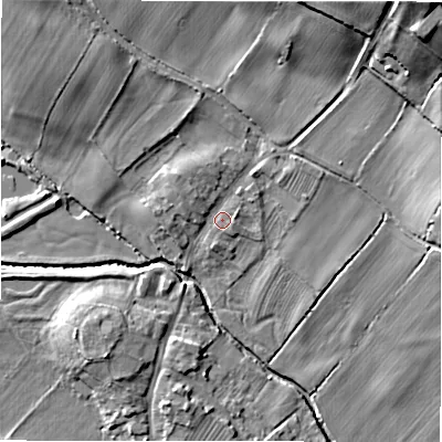 Shaded relief map of the ground around DL105JW, computed from Environment Agency LiDAR. The ground here sits at about 93 m above sea level and falls 27 m across the surrounding 800 m. Surface water reaching this point runs off ground lying to the north-east, 24.2 m higher.