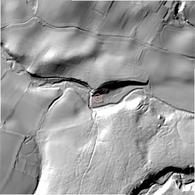 Shaded relief map of the ground around DL105JZ, computed from Environment Agency LiDAR. The ground here sits at about 107 m above sea level and falls 41 m across the surrounding 800 m. Surface water reaching this point runs off ground lying to the north-north-east, 15.6 m higher.