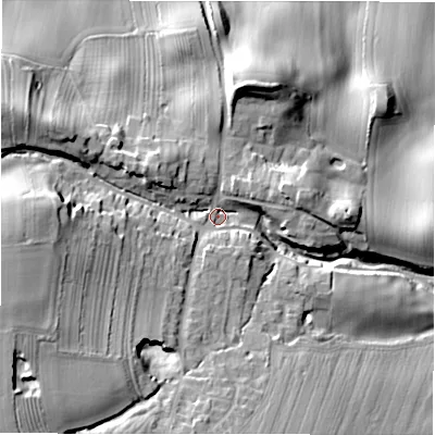 Shaded relief map of the ground around DL105NE, computed from Environment Agency LiDAR. The ground here sits at about 141 m above sea level and falls 34 m across the surrounding 800 m. Surface water reaching this point runs off ground lying to the south-west, 20.1 m higher.