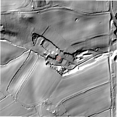 Shaded relief map of the ground around DL105NJ, computed from Environment Agency LiDAR. The ground here sits at about 114 m above sea level and falls 40 m across the surrounding 800 m. Surface water reaching this point runs off ground lying to the west-north-west, 4.7 m higher.