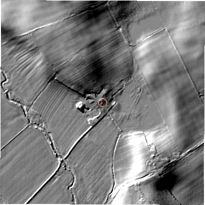Shaded relief map of the ground around DL106AJ, computed from Environment Agency LiDAR. The ground here sits at about 50 m above sea level and falls 14 m across the surrounding 800 m. Surface water reaching this point runs off ground lying to the north-north-west, 7.4 m higher.