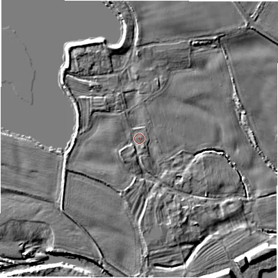 Shaded relief map of the ground around DL106AP, computed from Environment Agency LiDAR. The ground here sits at about 45 m above sea level and falls 8 m across the surrounding 800 m. Surface water reaching this point runs off ground lying to the south-west, 1.6 m higher.