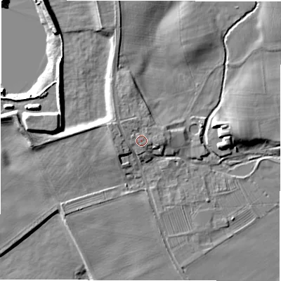 Shaded relief map of the ground around DL106AQ, computed from Environment Agency LiDAR. The ground here sits at about 55 m above sea level and falls 9 m across the surrounding 800 m. Surface water reaching this point runs off ground lying to the north-north-west, 1.2 m higher.