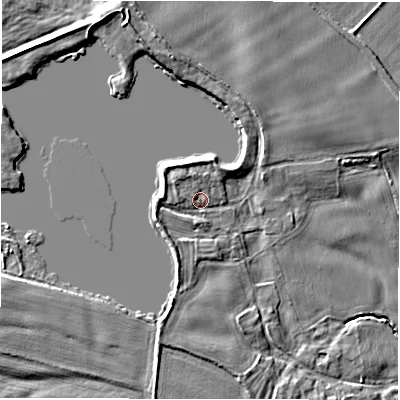 Shaded relief map of the ground around DL106AR, computed from Environment Agency LiDAR. The ground here sits at about 46 m above sea level and falls 6 m across the surrounding 800 m. Surface water reaching this point runs off ground lying to the north-west, 2.0 m higher.