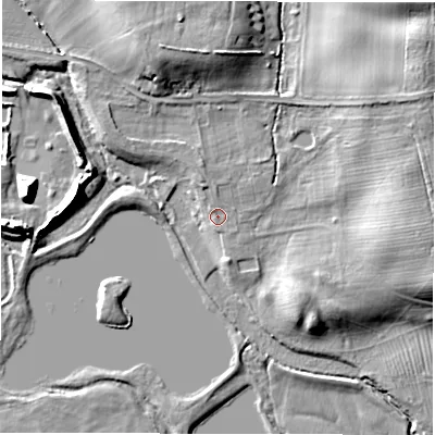 Shaded relief map of the ground around DL106AT, computed from Environment Agency LiDAR. The ground here sits at about 41 m above sea level and falls 15 m across the surrounding 800 m. Surface water reaching this point runs off ground lying to the north-north-west, 2.3 m higher.