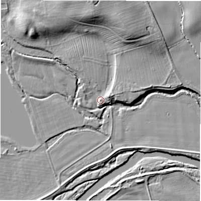 Shaded relief map of the ground around DL106AX, computed from Environment Agency LiDAR. The ground here sits at about 39 m above sea level and falls 15 m across the surrounding 800 m. Surface water reaching this point runs off ground lying to the east-north-east, 2.7 m higher.