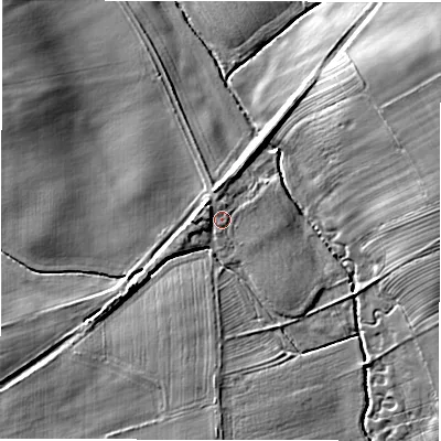 Shaded relief map of the ground around DL106DD, computed from Environment Agency LiDAR. The ground here sits at about 58 m above sea level and falls 12 m across the surrounding 800 m. Surface water reaching this point runs off ground lying to the north-west, 2.6 m higher.