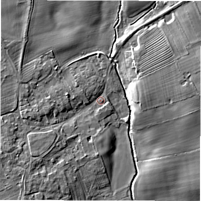 Shaded relief map of the ground around DL106ED, computed from Environment Agency LiDAR. The ground here sits at about 54 m above sea level and falls 8 m across the surrounding 800 m. Surface water reaching this point runs off ground lying to the west-south-west, 4.4 m higher.
