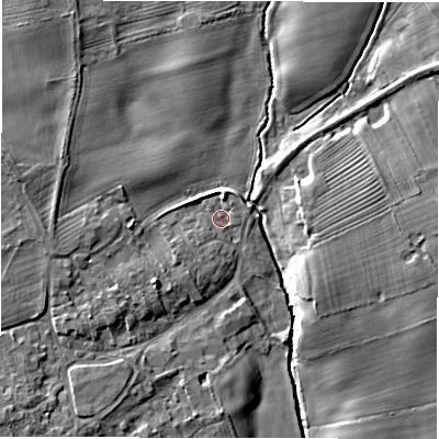 Shaded relief map of the ground around DL106EE, computed from Environment Agency LiDAR. The ground here sits at about 54 m above sea level and falls 8 m across the surrounding 800 m. Surface water reaching this point runs off ground lying to the south-west, 4.5 m higher.