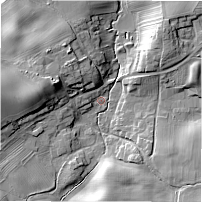 Shaded relief map of the ground around DL106JA, computed from Environment Agency LiDAR. The ground here sits at about 73 m above sea level and falls 20 m across the surrounding 800 m. Surface water reaching this point runs off ground lying to the west, 4.1 m higher.