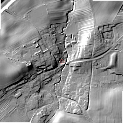 Shaded relief map of the ground around DL106JD, computed from Environment Agency LiDAR. The ground here sits at about 72 m above sea level and falls 20 m across the surrounding 800 m. Surface water reaching this point runs off ground lying to the west-north-west, 14.0 m higher.