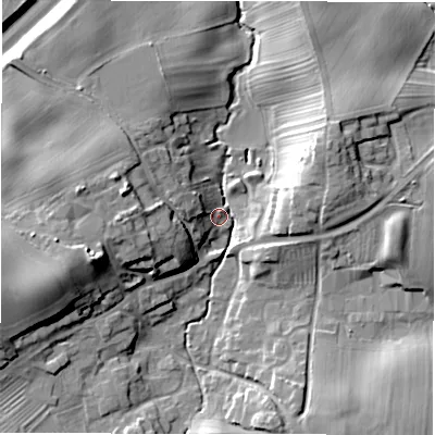 Shaded relief map of the ground around DL106JE, computed from Environment Agency LiDAR. The ground here sits at about 73 m above sea level and falls 20 m across the surrounding 800 m. Surface water reaching this point runs off ground lying to the west-south-west, 17.9 m higher.