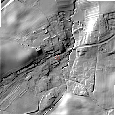 Shaded relief map of the ground around DL106JH, computed from Environment Agency LiDAR. The ground here sits at about 76 m above sea level and falls 21 m across the surrounding 800 m. Surface water reaching this point runs off ground lying to the north-west, 10.3 m higher.