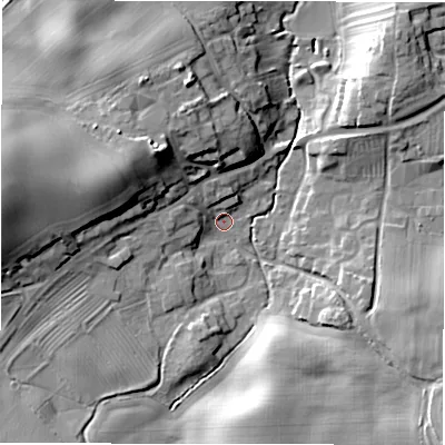 Shaded relief map of the ground around DL106JT, computed from Environment Agency LiDAR. The ground here sits at about 73 m above sea level and falls 22 m across the surrounding 800 m. Surface water reaching this point runs off ground lying to the west, 19.9 m higher.