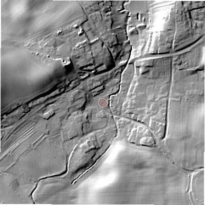 Shaded relief map of the ground around DL106JU, computed from Environment Agency LiDAR. The ground here sits at about 72 m above sea level and falls 21 m across the surrounding 800 m. Surface water reaching this point runs off ground lying to the west-north-west, 18.4 m higher.