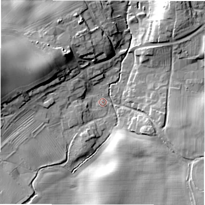 Shaded relief map of the ground around DL106JX, computed from Environment Agency LiDAR. The ground here sits at about 73 m above sea level and falls 21 m across the surrounding 800 m. Surface water reaching this point runs off ground lying to the west-north-west, 18.4 m higher.