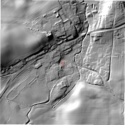 Shaded relief map of the ground around DL106JY, computed from Environment Agency LiDAR. The ground here sits at about 73 m above sea level and falls 23 m across the surrounding 800 m. Surface water reaching this point runs off ground lying to the west-north-west, 20.6 m higher.