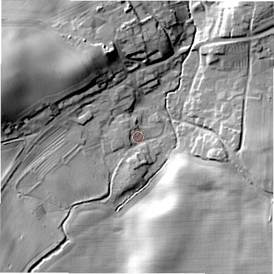 Shaded relief map of the ground around DL106LA, computed from Environment Agency LiDAR. The ground here sits at about 74 m above sea level and falls 22 m across the surrounding 800 m. Surface water reaching this point runs off ground lying to the west-north-west, 19.2 m higher.