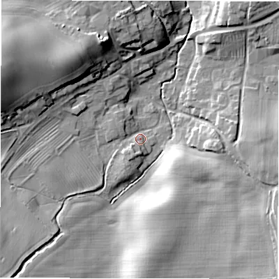 Shaded relief map of the ground around DL106LB, computed from Environment Agency LiDAR. The ground here sits at about 74 m above sea level and falls 21 m across the surrounding 800 m. Surface water reaching this point runs off ground lying to the west-north-west, 19.1 m higher.