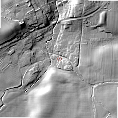 Shaded relief map of the ground around DL106LD, computed from Environment Agency LiDAR. The ground here sits at about 74 m above sea level and falls 18 m across the surrounding 800 m. Surface water reaching this point runs off ground lying to the south-east, 6.7 m higher.