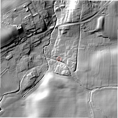Shaded relief map of the ground around DL106LE, computed from Environment Agency LiDAR. The ground here sits at about 74 m above sea level and falls 20 m across the surrounding 800 m. Surface water reaching this point runs off ground lying to the south-east, 6.7 m higher.