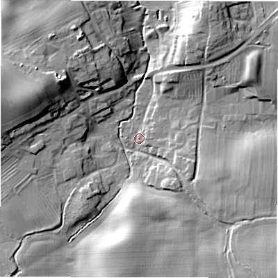 Shaded relief map of the ground around DL106LF, computed from Environment Agency LiDAR. The ground here sits at about 73 m above sea level and falls 20 m across the surrounding 800 m. Surface water reaching this point runs off ground lying to the south-east, 7.4 m higher.
