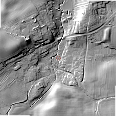 Shaded relief map of the ground around DL106LG, computed from Environment Agency LiDAR. The ground here sits at about 72 m above sea level and falls 20 m across the surrounding 800 m. Surface water reaching this point runs off ground lying to the west-north-west, 17.3 m higher.