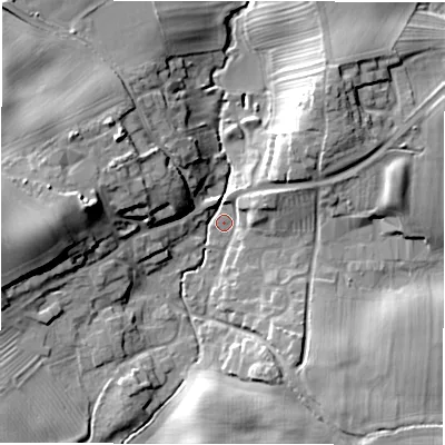 Shaded relief map of the ground around DL106LH, computed from Environment Agency LiDAR. The ground here sits at about 72 m above sea level and falls 20 m across the surrounding 800 m. Surface water reaching this point runs off ground lying to the west, 17.5 m higher.