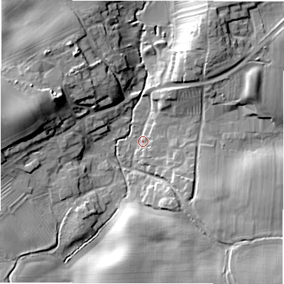 Shaded relief map of the ground around DL106LQ, computed from Environment Agency LiDAR. The ground here sits at about 73 m above sea level and falls 20 m across the surrounding 800 m. Surface water reaching this point runs off ground lying to the west-north-west, 17.3 m higher.