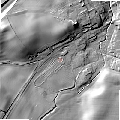 Shaded relief map of the ground around DL106LX, computed from Environment Agency LiDAR. The ground here sits at about 77 m above sea level and falls 25 m across the surrounding 800 m. Surface water reaching this point runs off ground lying to the west-north-west, 17.6 m higher.