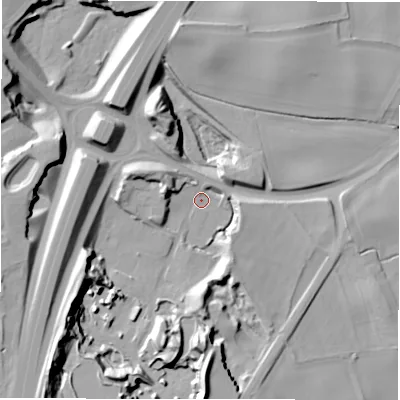 Shaded relief map of the ground around DL106NA, computed from Environment Agency LiDAR. The ground here sits at about 89 m above sea level and falls 32 m across the surrounding 800 m. Surface water reaching this point runs off ground lying to the south-west, 28.7 m higher.