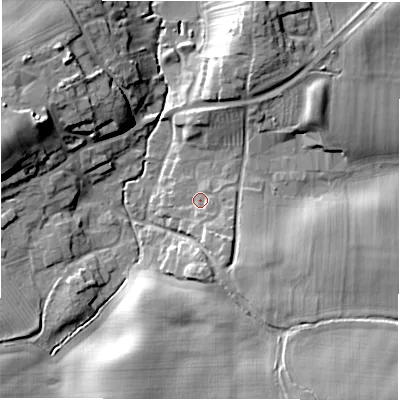 Shaded relief map of the ground around DL106NH, computed from Environment Agency LiDAR. The ground here sits at about 74 m above sea level and falls 20 m across the surrounding 800 m. Surface water reaching this point runs off ground lying to the south-south-east, 1.9 m higher.