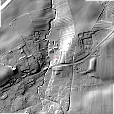 Shaded relief map of the ground around DL106SL, computed from Environment Agency LiDAR. The ground here sits at about 73 m above sea level and falls 20 m across the surrounding 800 m. Surface water reaching this point runs off ground lying to the east, 7.8 m higher.