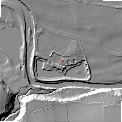 Shaded relief map of the ground around DL107EJ, computed from Environment Agency LiDAR. The ground here sits at about 72 m above sea level and falls 26 m across the surrounding 800 m. Surface water reaching this point runs off ground lying to the north-north-west, 8.5 m higher.