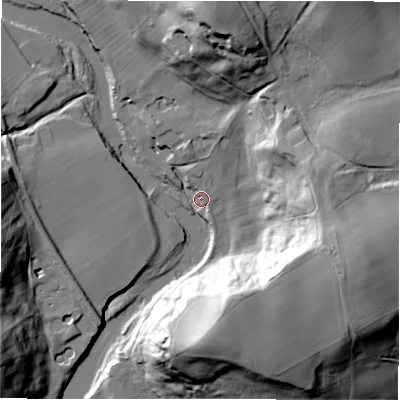 Shaded relief map of the ground around DL107EU, computed from Environment Agency LiDAR. The ground here sits at about 88 m above sea level and falls 43 m across the surrounding 800 m. Surface water reaching this point runs off ground lying to the north-north-east, 8.7 m higher.
