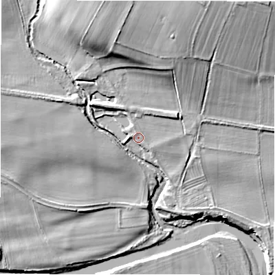 Shaded relief map of the ground around DL107HA, computed from Environment Agency LiDAR. The ground here sits at about 72 m above sea level and falls 20 m across the surrounding 800 m. Surface water reaching this point runs off ground lying to the north-north-east, 1.9 m higher.