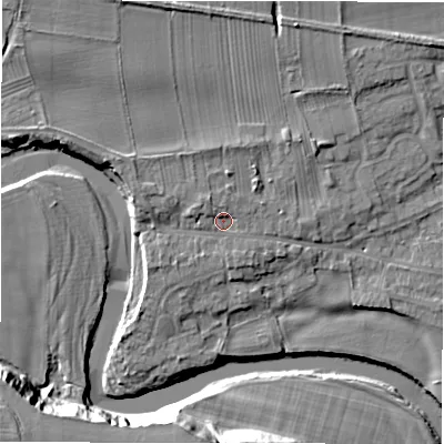 Shaded relief map of the ground around DL107HE, computed from Environment Agency LiDAR. The ground here sits at about 68 m above sea level and falls 25 m across the surrounding 800 m. Surface water reaching this point runs off ground lying to the north-west, 2.0 m higher.